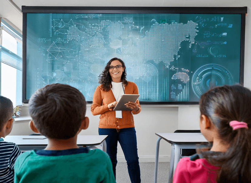 Female teacher teaching in a classroom.